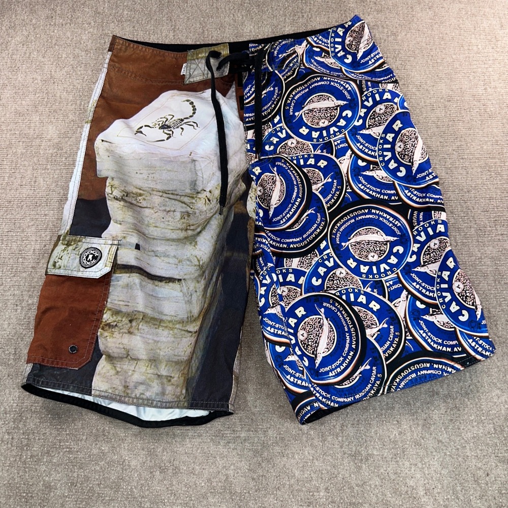 Crooks & Castles Mens Caviar Scorpion Graphic Board Shorts Blue Brown Size 32